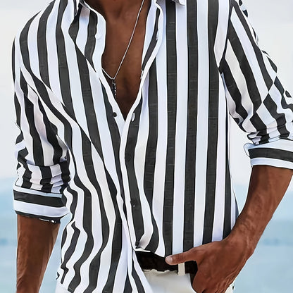 Kervik™ Camisa Tropical para Hombre de Manga Larga con Rayas y Cuello Clásico