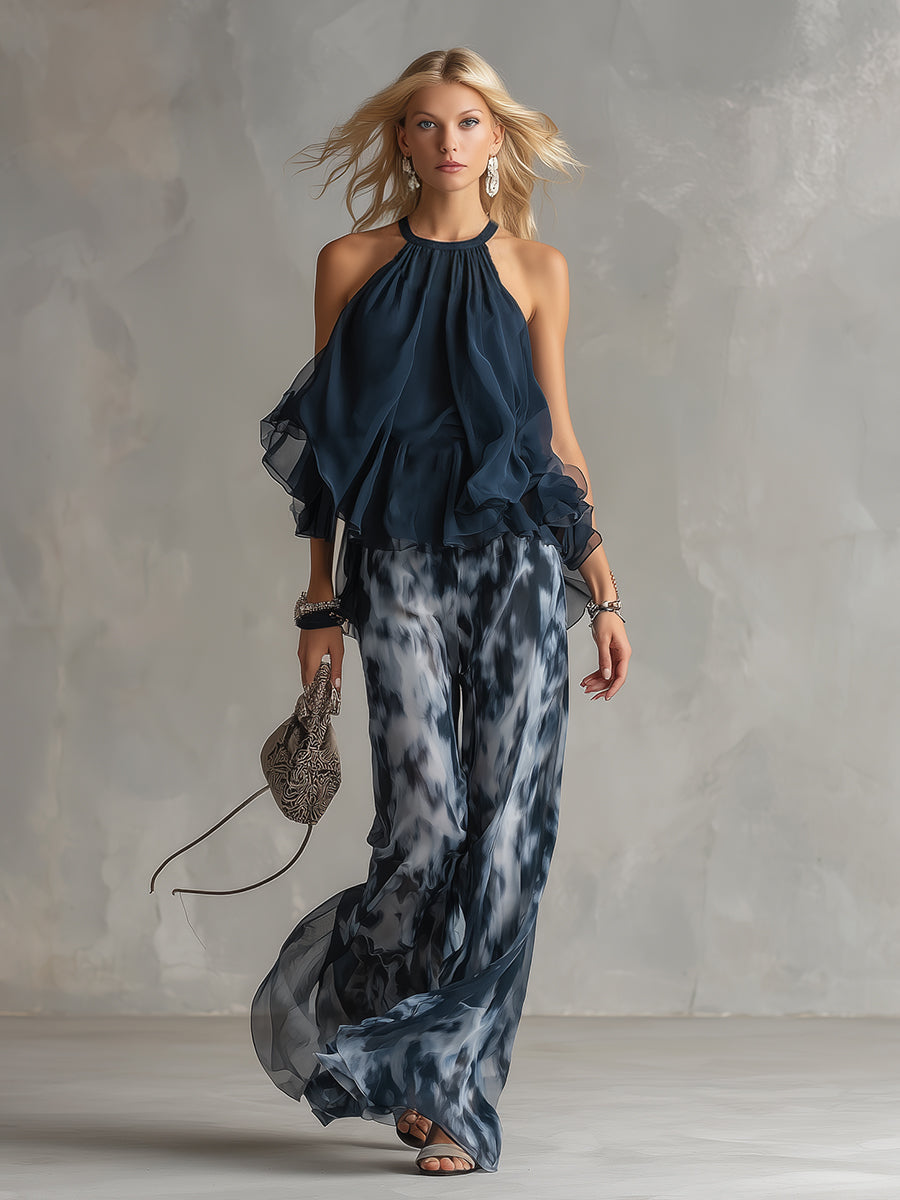 Isolde™ elegante en chiffon con top de cuello alto y pantalones anchos estampados
