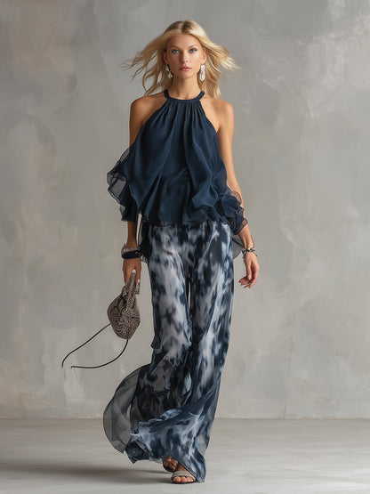 Isolde™ elegante en chiffon con top de cuello alto y pantalones anchos estampados