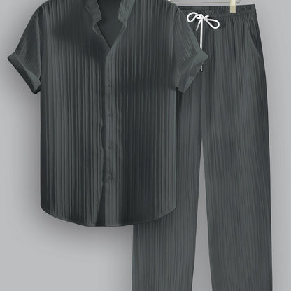 Kavaroq™ Conjunto de Verano para Hombre con Camisa de Cuello Mao y Pantalón con Cordón