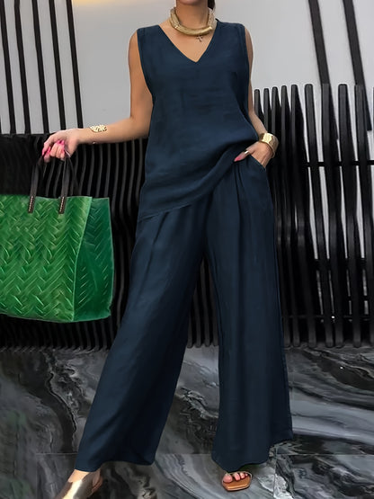 Kalia™ Conjunto Casual de Dos Piezas con Top sin Mangas y Pantalón Amplio