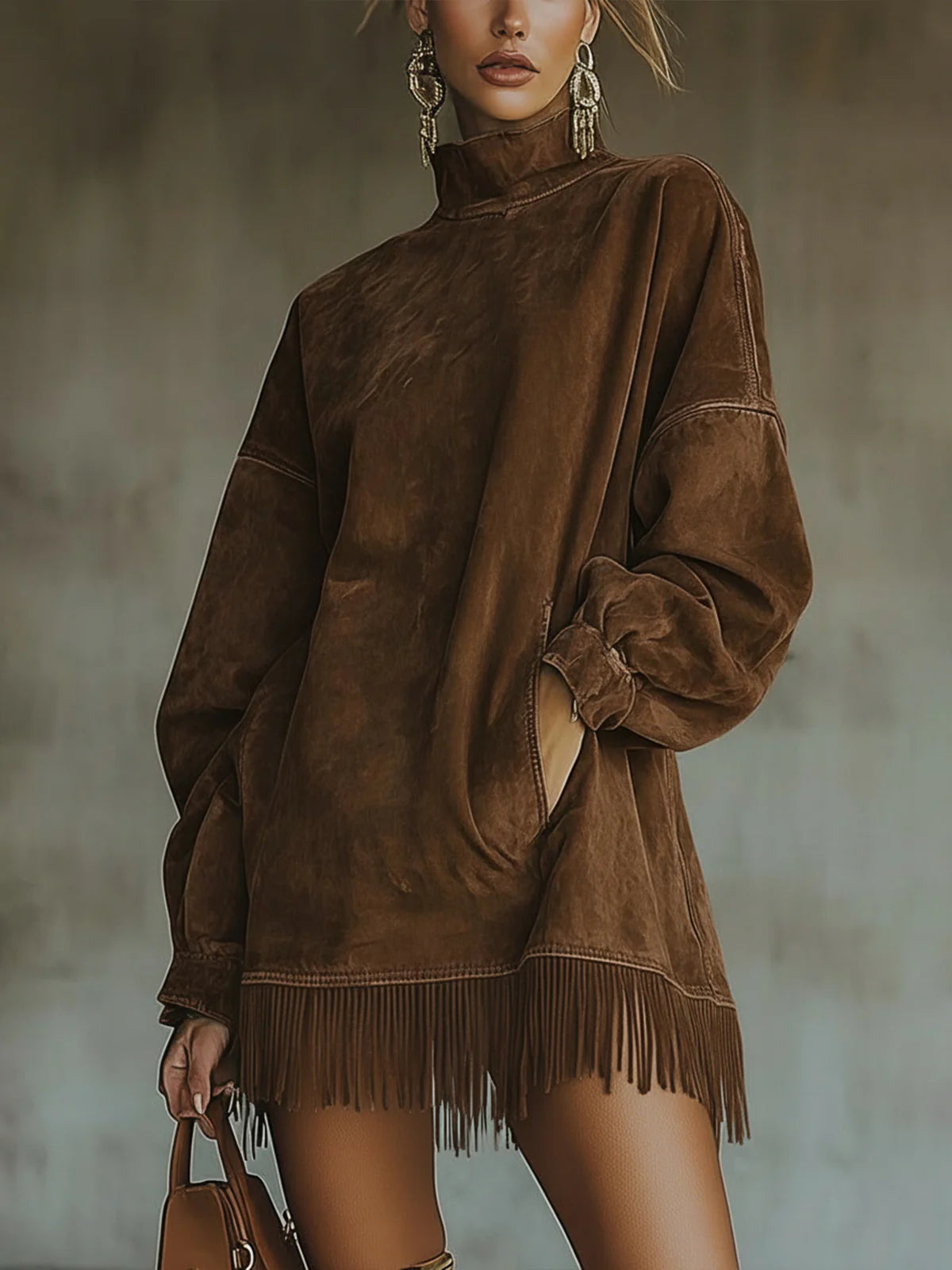 Rosenthea™ Vestido elegante de gamuza sintética con cuello alto y flecos