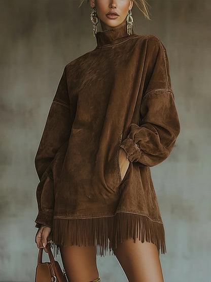 Rosenthea™ Vestido elegante de gamuza sintética con cuello alto y flecos