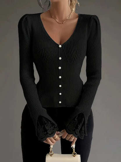 Eviorenne™ Blusa de Canalé con Escote en V y Mangas de Encaje