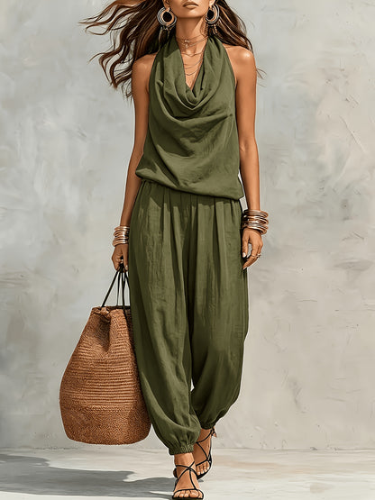 Allegra | Conjunto de Top Halter y Pantalón de Pierna Ancha con Textura de Lino