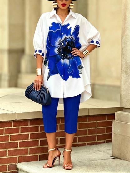 Dellira™ Conjunto artístico y estiloso de dos piezas con camisa y pantalones de flores
