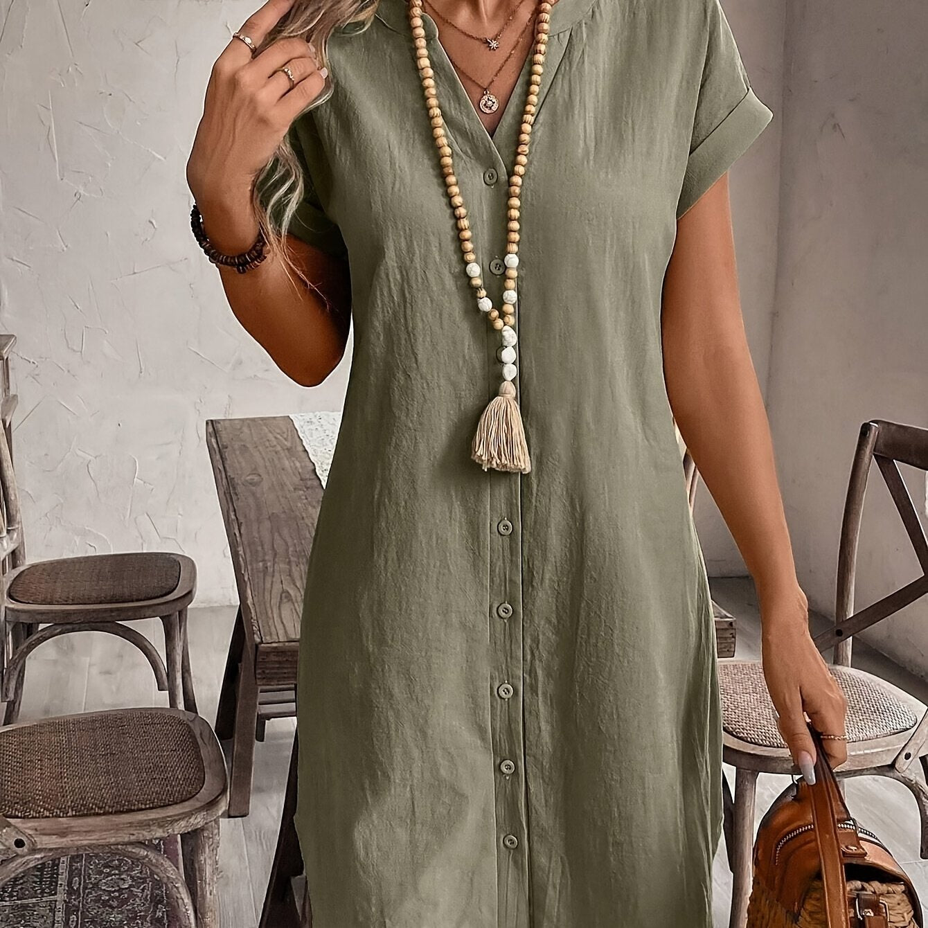 Celine™ Vestido Casual Suelto con Cuello en V y Botones