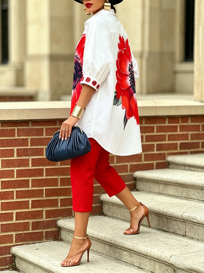 Dellira™ Conjunto artístico y estiloso de dos piezas con camisa y pantalones de flores