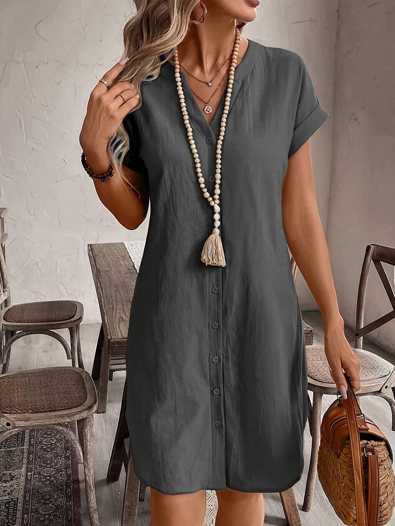 Celine™ Vestido Casual Suelto con Cuello en V y Botones