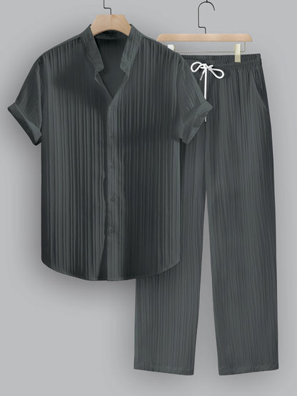 Kavaroq™ Conjunto de Verano para Hombre con Camisa de Cuello Mao y Pantalón con Cordón