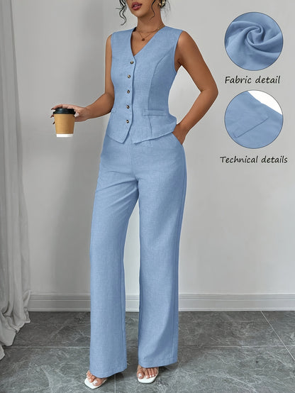 Malia™ Conjunto Elegante de Chaleco con Escote en V y Pantalón Recto
