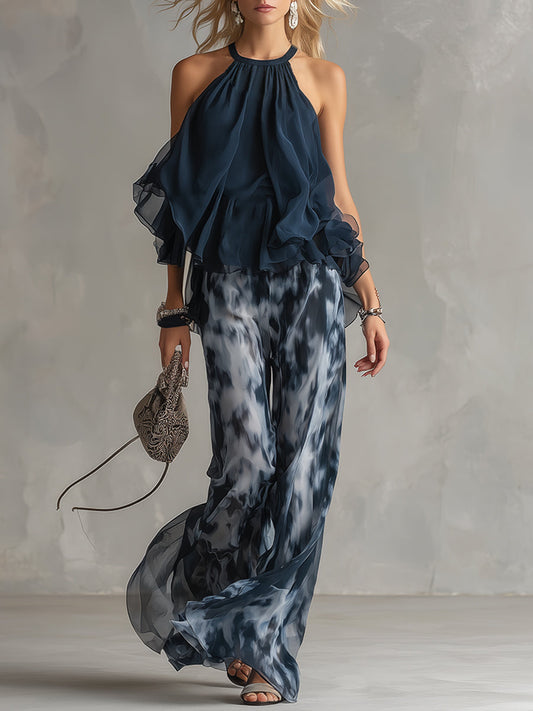 Isolde™ elegante en chiffon con top de cuello alto y pantalones anchos estampados