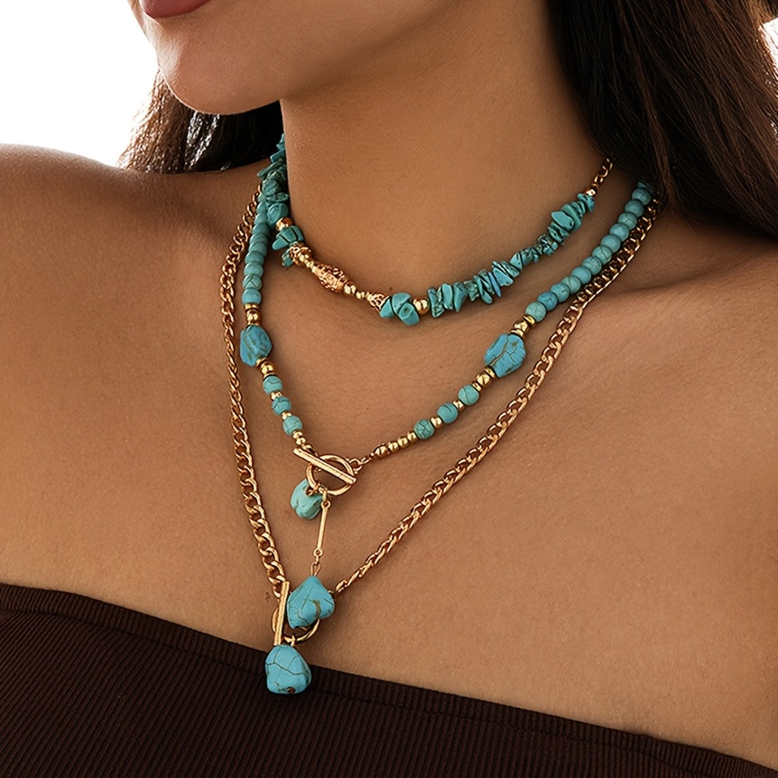Evelise | Un conjunto de tres collares apilados de cuentas turquesas bohemias para mujeres