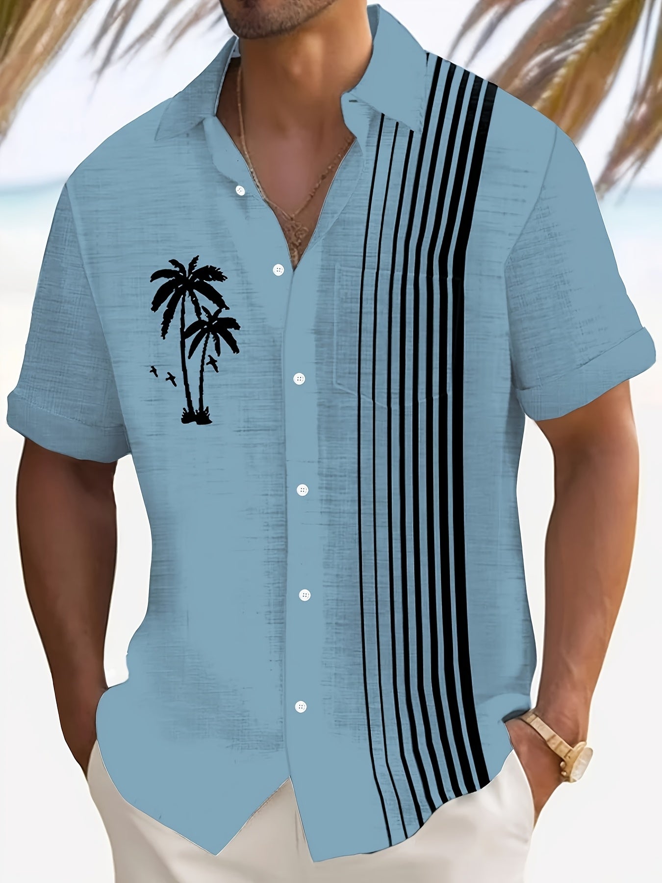 Javroni™ Camisa Tropical para Hombre con Estampado de Palmeras y Rayas