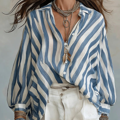Rosetta | Camisa de Manga Larga de Estilo Retro a Rayas para Mujeres, Estilo Vacacional Suelto, Top de Playa Casual