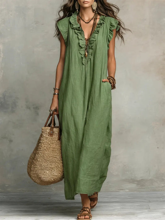 Hadira | Vestido Casual de Algodón y Lino con Volantes y Estilo Artístico