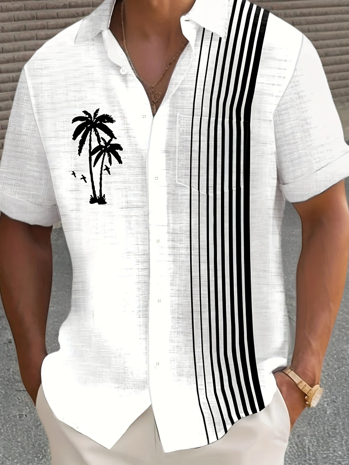 Javroni™ Camisa Tropical para Hombre con Estampado de Palmeras y Rayas