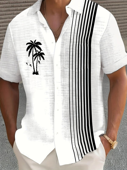 Javroni™ Camisa Tropical para Hombre con Estampado de Palmeras y Rayas