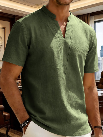 Grexric™ Camisa de Lino para Hombre con Cuello Mao y Corte Relajado
