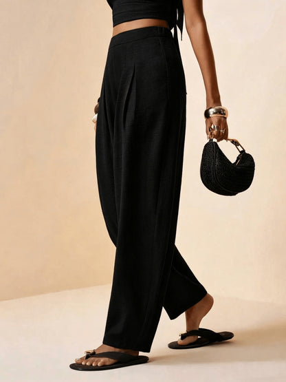 Droveaux™ Pantalón Recto Elegante con Cintura Elástica y Pliegues