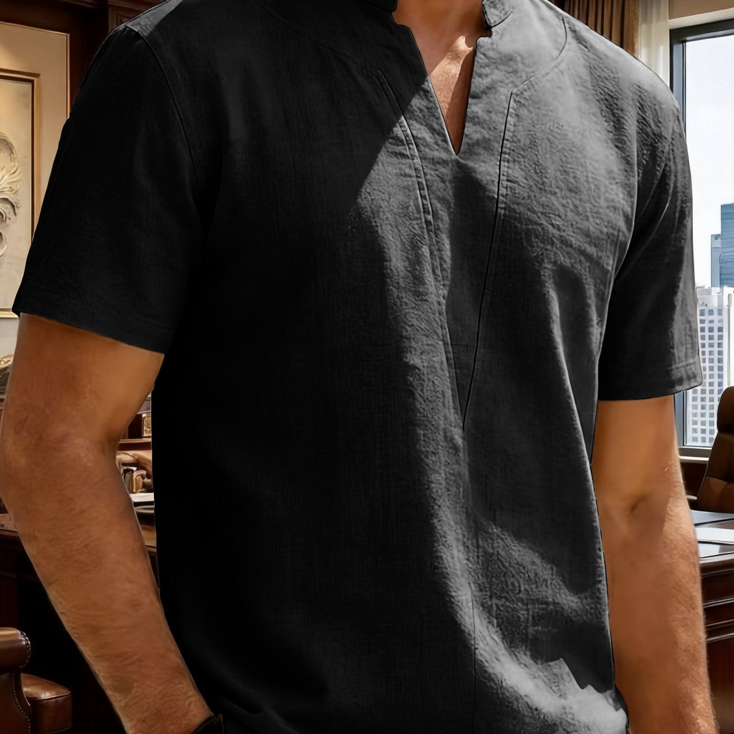 Grexric™ Camisa de Lino para Hombre con Cuello Mao y Corte Relajado