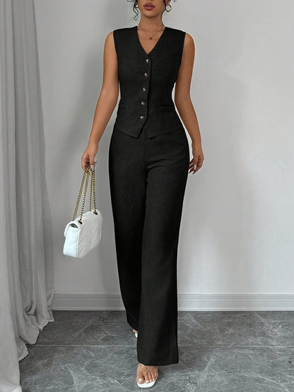 Malia™ Conjunto Elegante de Chaleco con Escote en V y Pantalón Recto