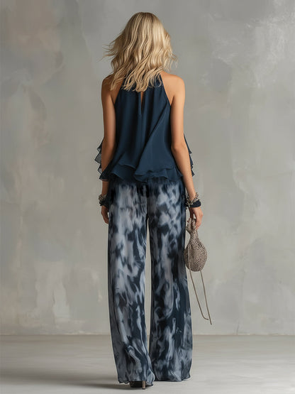 Isolde™ elegante en chiffon con top de cuello alto y pantalones anchos estampados
