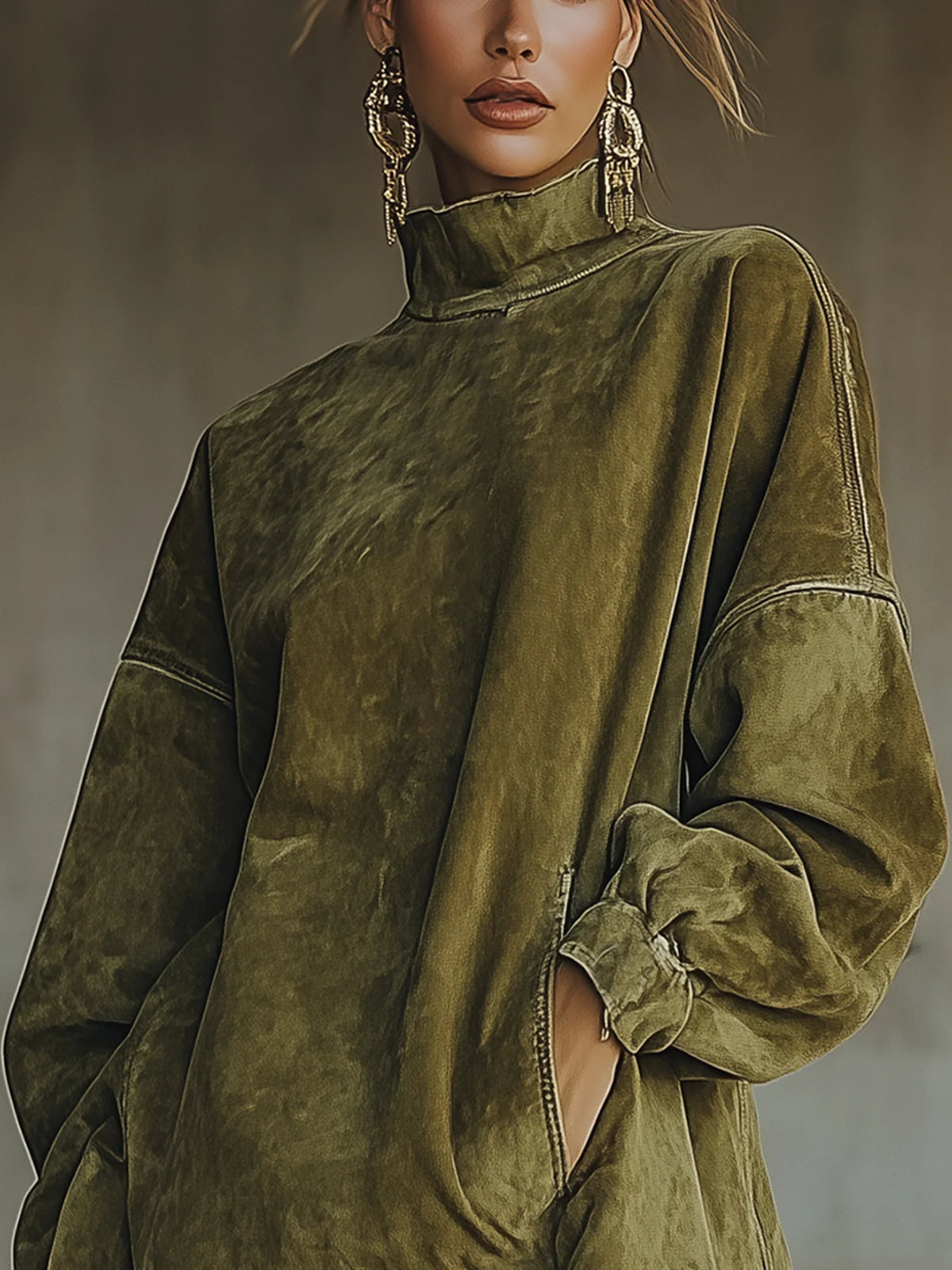 Rosenthea™ Vestido elegante de gamuza sintética con cuello alto y flecos