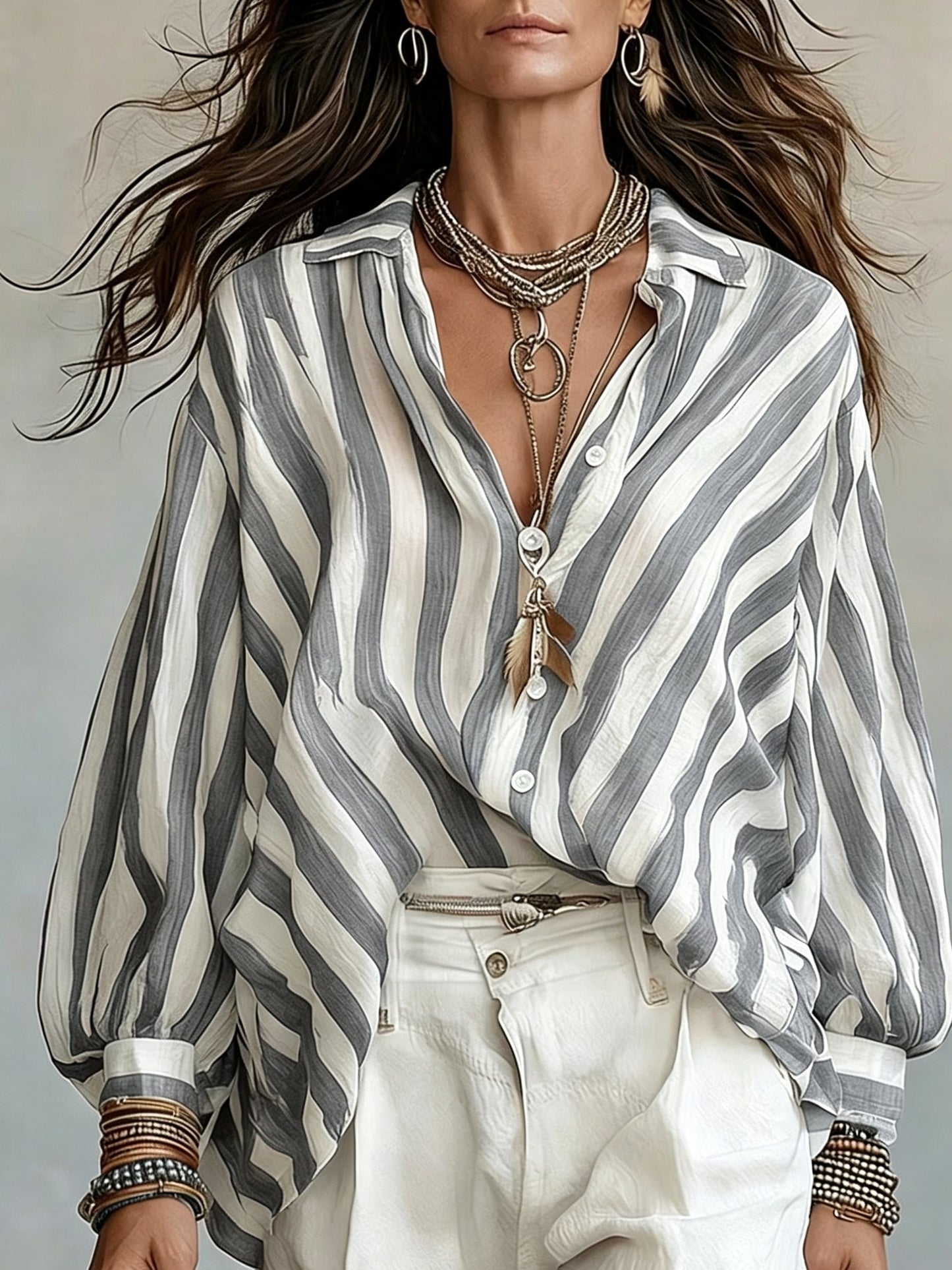 Rosetta | Camisa de Manga Larga de Estilo Retro a Rayas para Mujeres, Estilo Vacacional Suelto, Top de Playa Casual