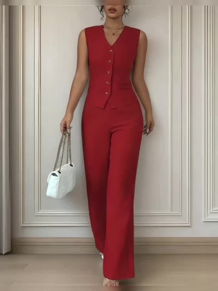 Malia™ Conjunto Elegante de Chaleco con Escote en V y Pantalón Recto
