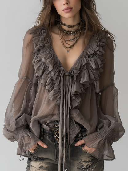 Hensira™ Camisa Gris Bohemia con Volantes