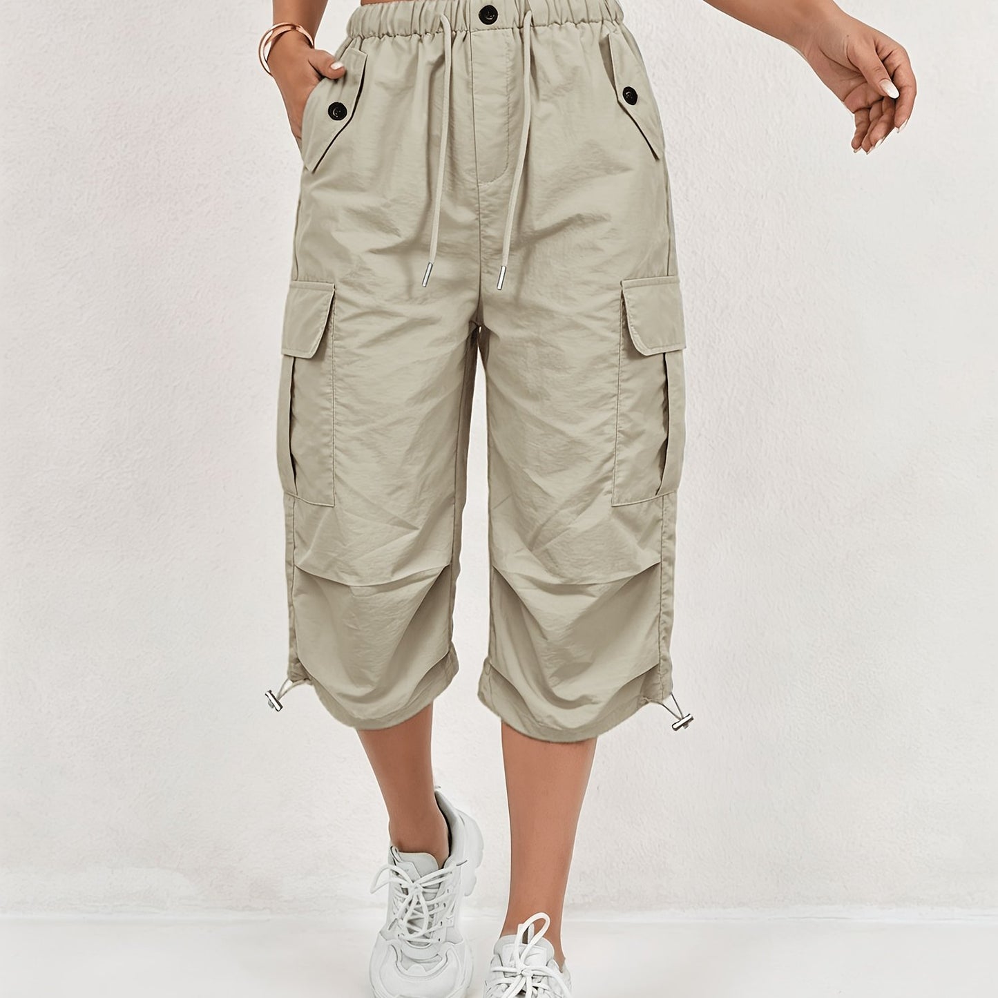 Mireille | Pantalones Capri Cargo de Secado Rápido para Mujer con Cintura Elástica y Cordón - Ligero y Elástico, Adecuado para - Pantalones de Exterior, Multi-Pantalones, Lavables a Máquina, Ajuste Suelto de Largo Medio para, Viajes, Vestimenta Casual