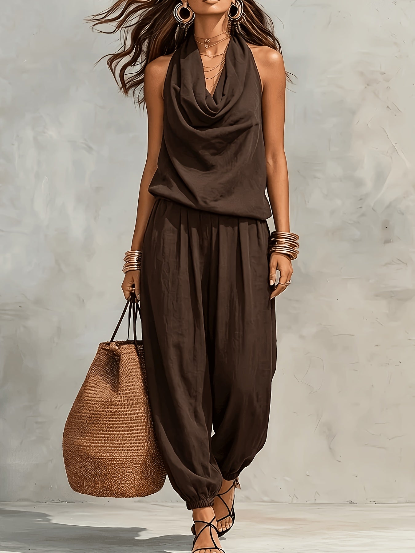 Allegra | Conjunto de Top Halter y Pantalón de Pierna Ancha con Textura de Lino
