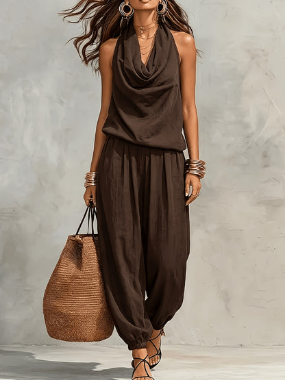 Allegra | Conjunto de Top Halter y Pantalón de Pierna Ancha con Textura de Lino