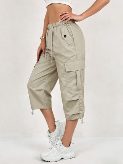 Mireille | Pantalones Capri Cargo de Secado Rápido para Mujer con Cintura Elástica y Cordón - Ligero y Elástico, Adecuado para - Pantalones de Exterior, Multi-Pantalones, Lavables a Máquina, Ajuste Suelto de Largo Medio para, Viajes, Vestimenta Casual