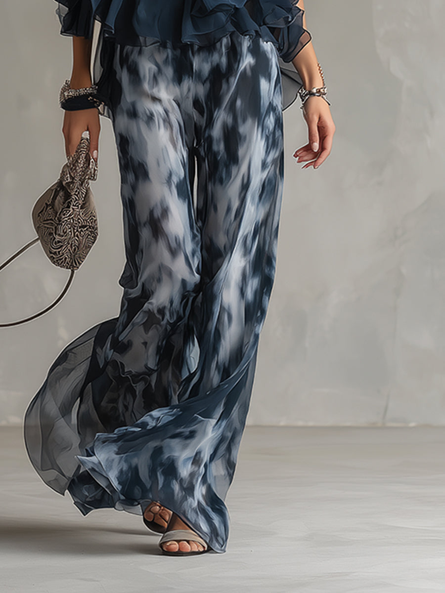 Isolde™ elegante en chiffon con top de cuello alto y pantalones anchos estampados