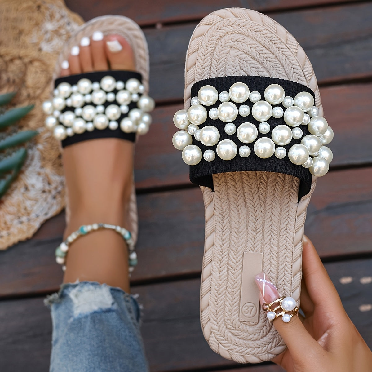 Fruxith™ Sandalias Planas con Perlas Decorativas y Máxima Comodidad
