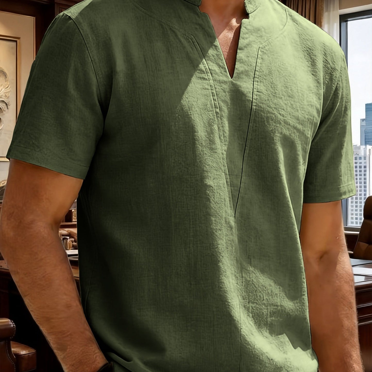 Grexric™ Camisa de Lino para Hombre con Cuello Mao y Corte Relajado