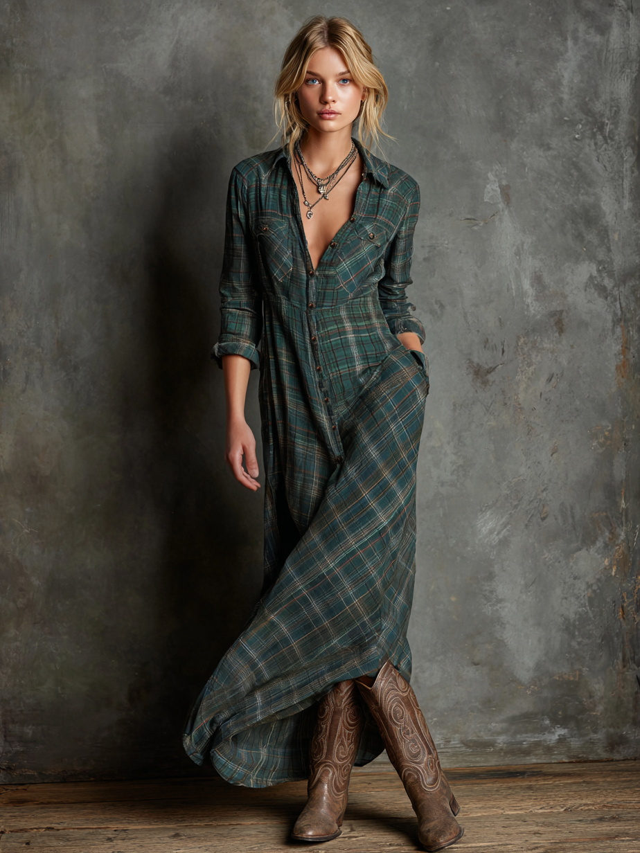 Blayra™ Vestido Maxi de Camisa de Cuadros con Solapa para Mujeres