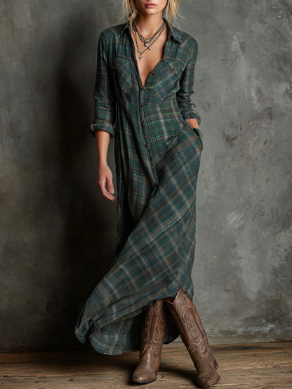Blayra™ Vestido Maxi de Camisa de Cuadros con Solapa para Mujeres