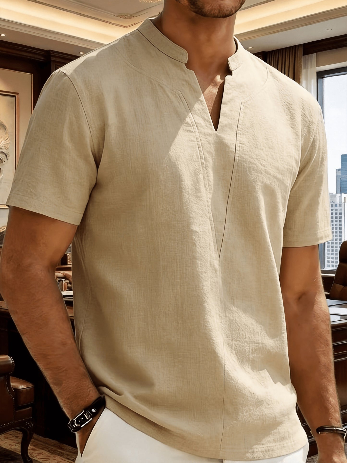Grexric™ Camisa de Lino para Hombre con Cuello Mao y Corte Relajado
