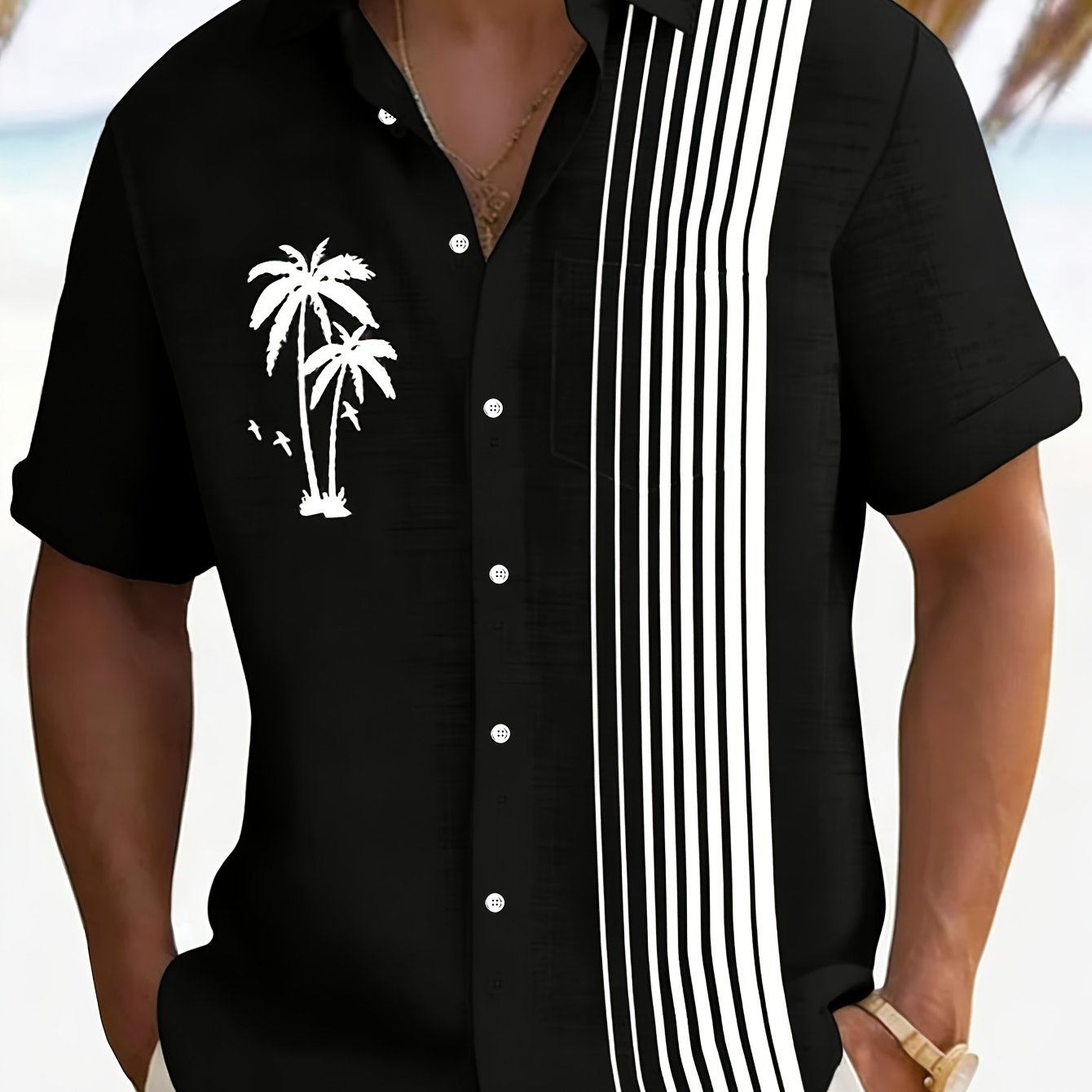 Javroni™ Camisa Tropical para Hombre con Estampado de Palmeras y Rayas