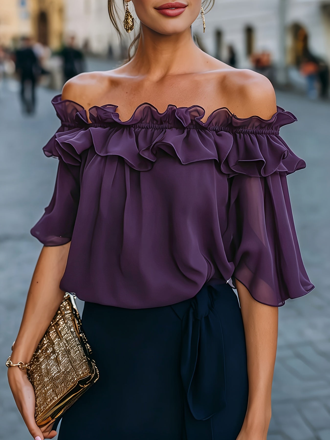 Bruvelle™ Blusa Elegante de Hombros Descubiertos con Manga Corta