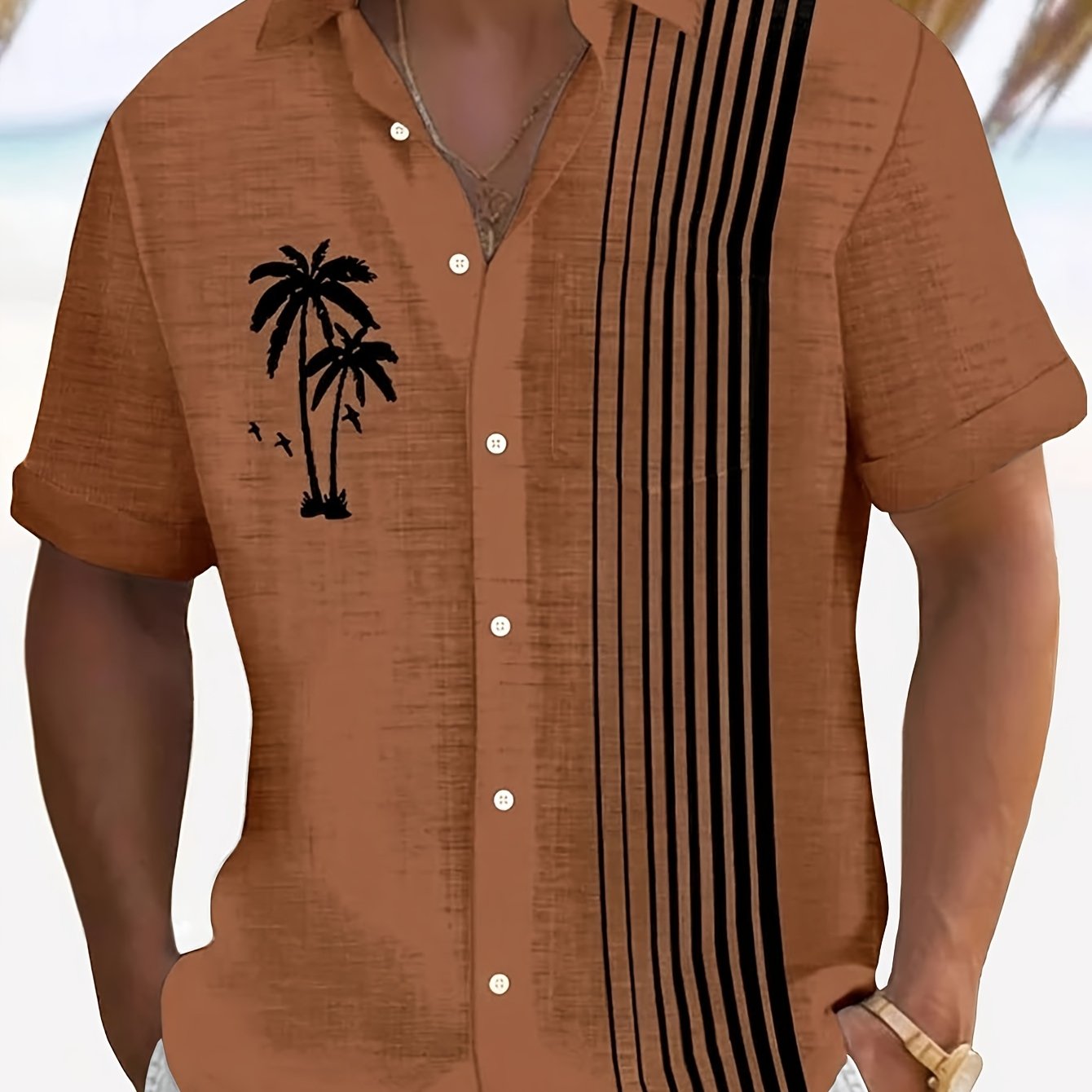 Javroni™ Camisa Tropical para Hombre con Estampado de Palmeras y Rayas