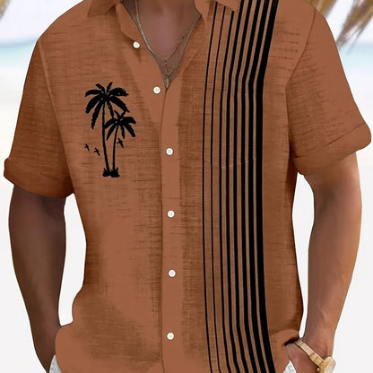 Javroni™ Camisa Tropical para Hombre con Estampado de Palmeras y Rayas