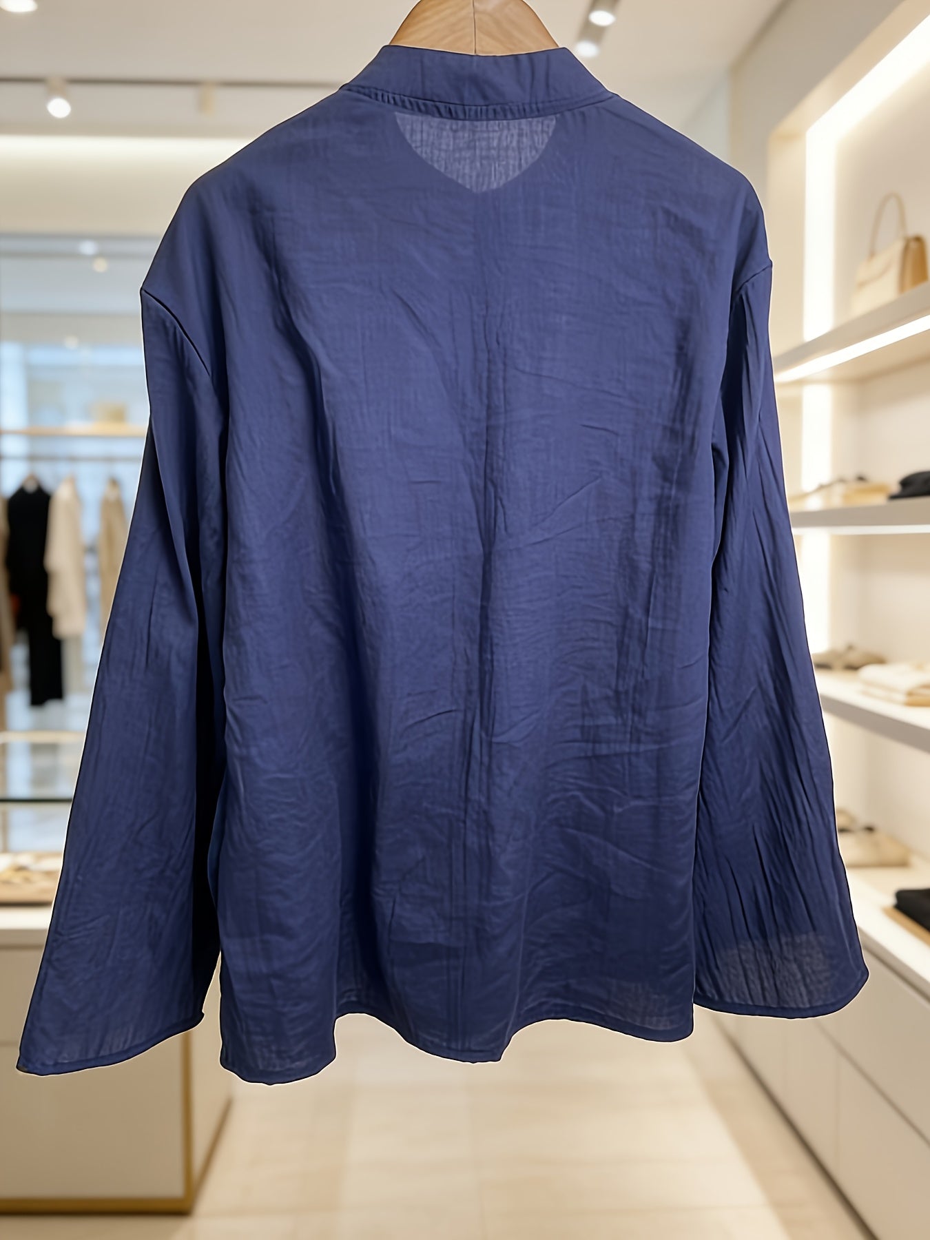 Arlet™ Blusa Vintage de Lino con Cuello Mao y Manga Suelta