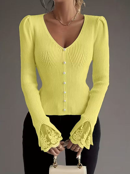 Eviorenne™ Blusa de Canalé con Escote en V y Mangas de Encaje