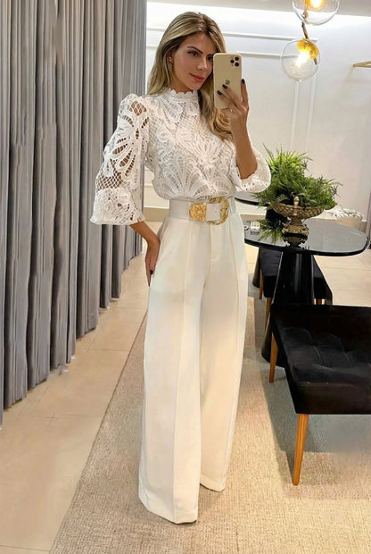 Sireva™ Conjunto Elegante de Blusa y Pantalón con Caída Fluida