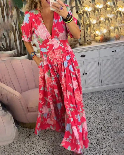 Orla™ Vestido Estampado Elegante con Escote en V y Bolsillos