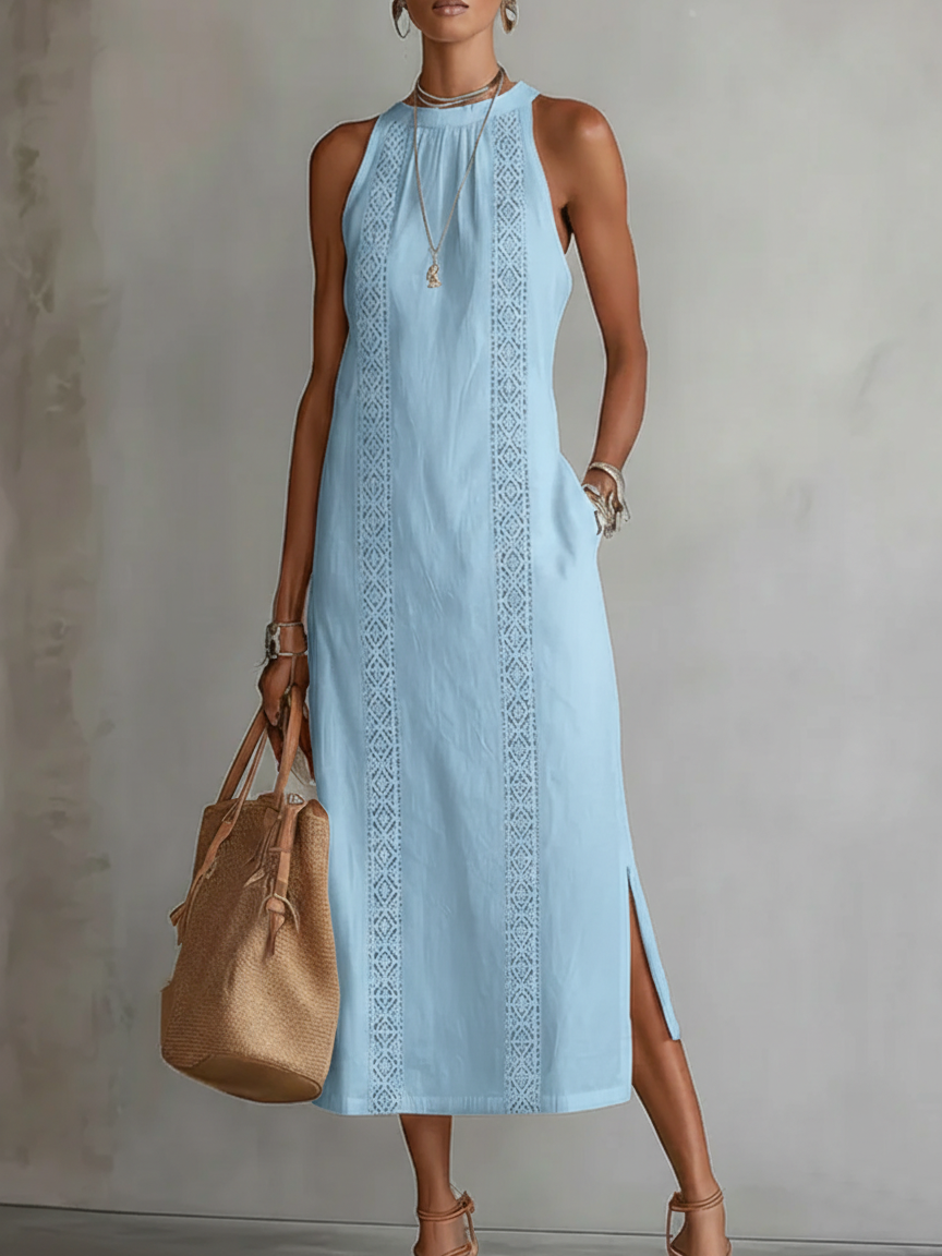 Sovelle™ Vestido Midi de Lino con Cuello Mao y Estilo Natural